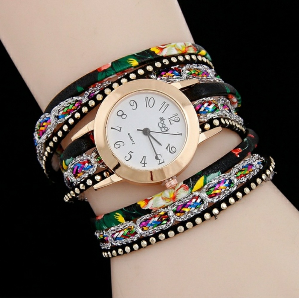 Wrap watch black gold rhinestone metallic